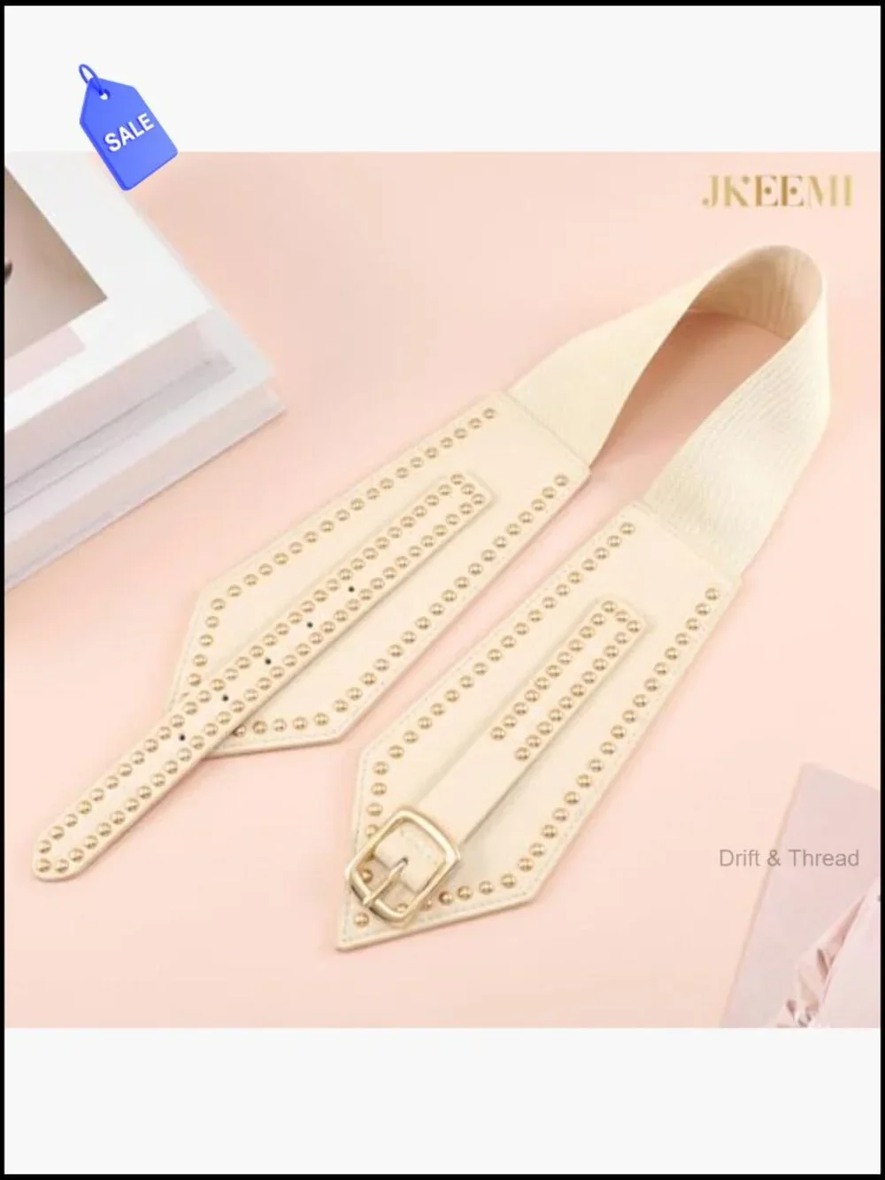 Adjustable Wide Elastic Waist Belt with Gold Buckle